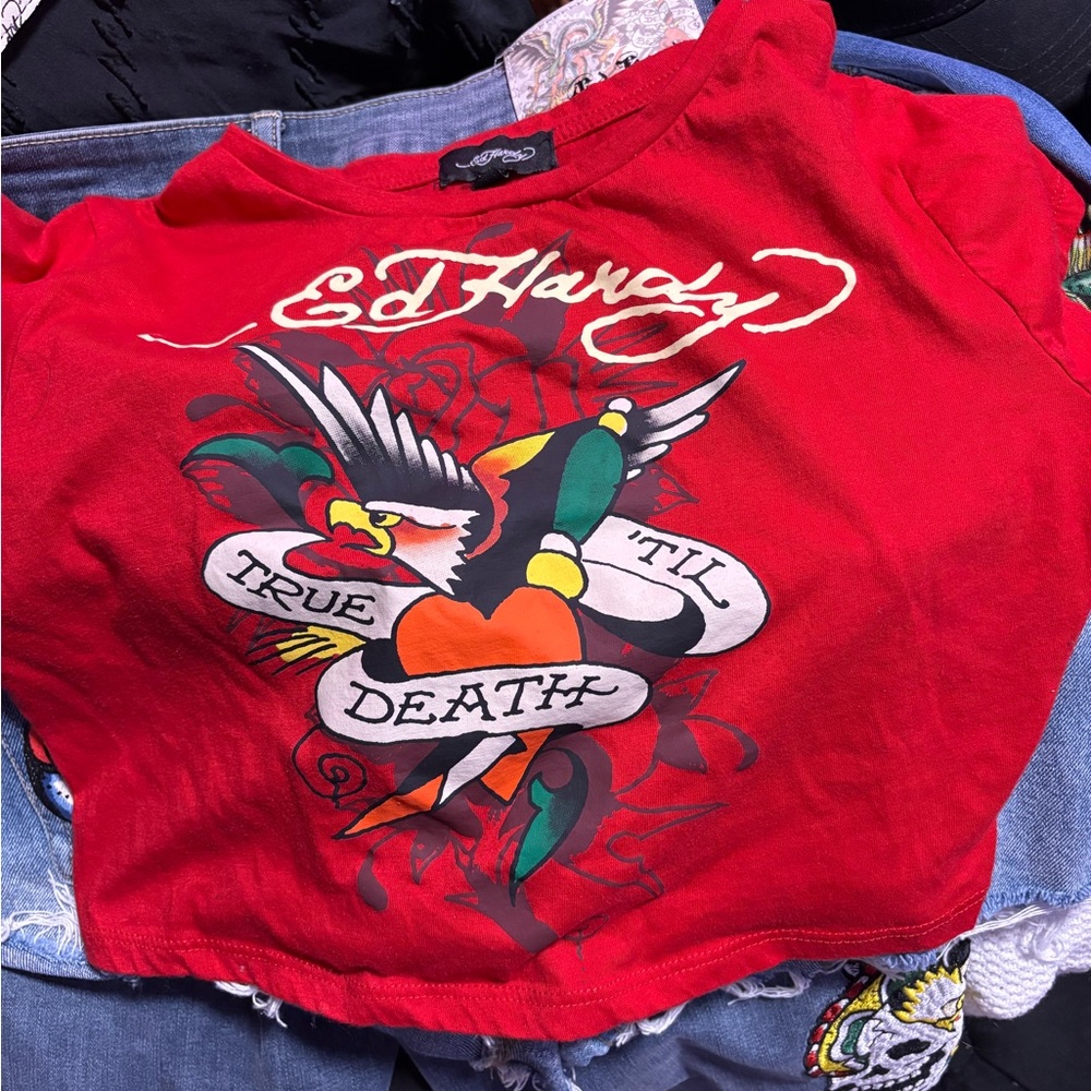 Ed Hardy Red Graphic Tee with Heart and Wings